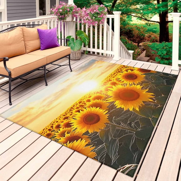 Sunflower Farmhouse Outdoor Rug 3x5 Ft, Non Slip Washable Area Rug, Summer Watercolor Botanical Floral Patio Rugs Carpet Runner, Large Floor Mat for Indoor/Outdoor Deck Porch Camping