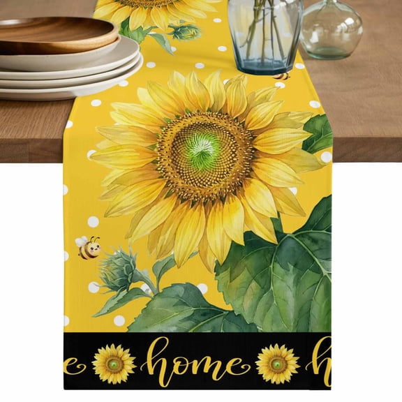 Sunflower Farmhouse Short Table Runner 36 Inches Long,Yellow Pastoral Floral Bees Dots Cotton Linen Table Runners Dresser Scarves,Fabric Tabletop Scarf Furniture Cover for Home Dinner Party 13"x36"