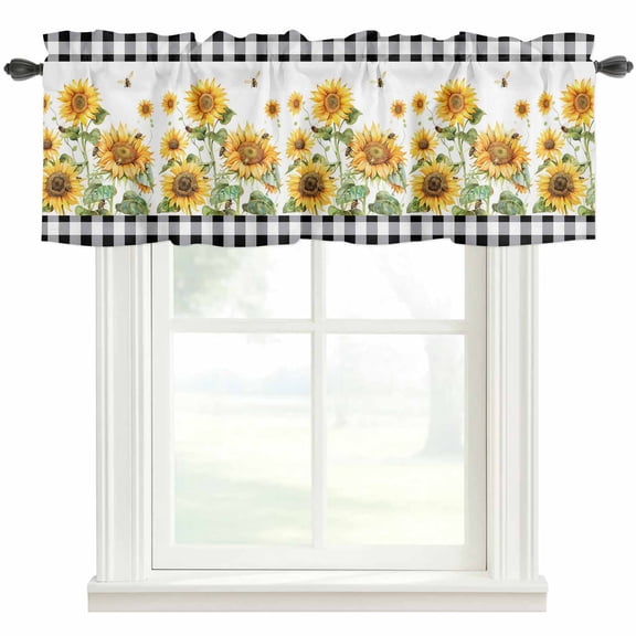 Sunflower Farmhouse Short Window Curtain Valances, Black White Buffalo Plaid Check Country Bee Rod Pocket Kitchen Valances for Living Room Bedroom Bathroom Cafe 42" x 12"