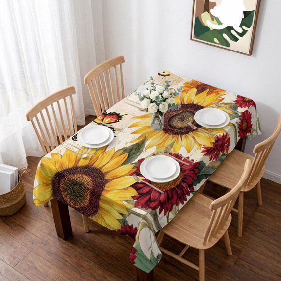 Sunflower Farmhouse Table Cloth Waterproof Tablecloths, Spring Summer Retro Butterfly Flowers Tablecloth Dining Table Cover for Kitchen Party Tabletop Outdoor, Rectangle Tablecloth 52x70 Inch