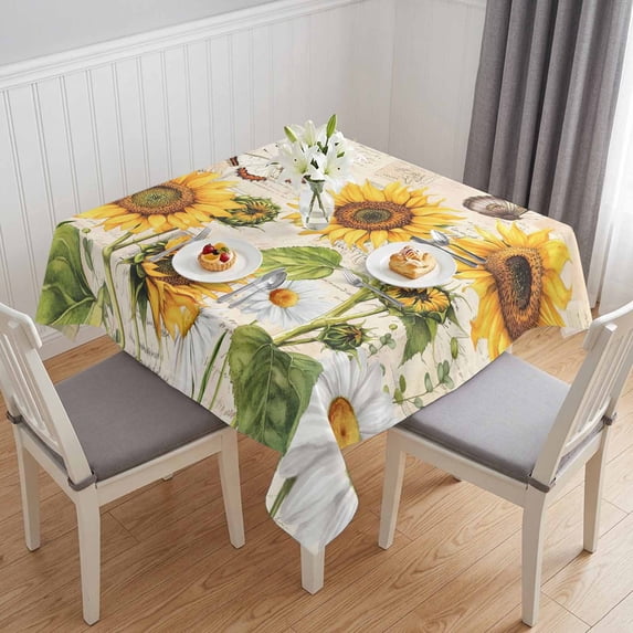 Sunflower Farmhouse Table Cloth Waterproof Tablecloths, Spring Summer Retro Floral Butterflies Tablecloth Dining Table Cover for Kitchen Party Tabletop Outdoor, Square Tablecloth 54x54 Inch