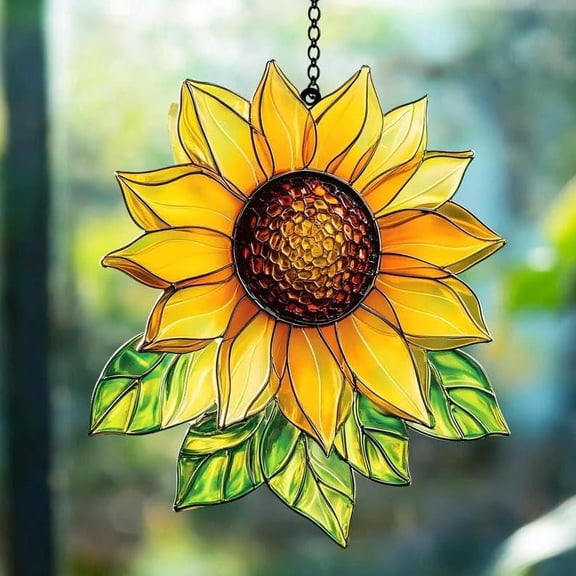 Sunflower Faux Stained Glass Suncatcher, Yellow Floral Window Hanging Decor, Summer Home Accent, Gift for Nature and Sunflower Lovers