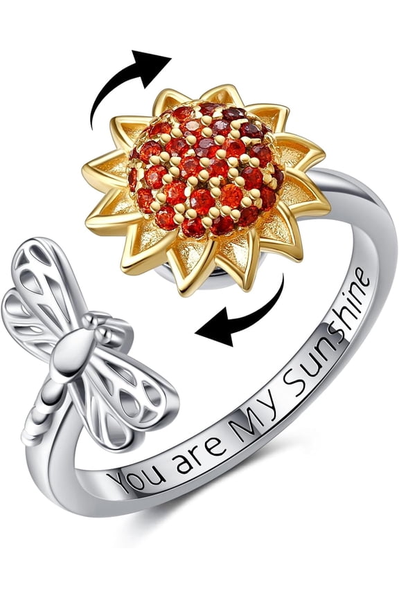 Sunflower Fidget Ring 925 Sterling Sliver Open Adjustable Dragonfly Ring You Are My Sunshine Stress Relieving Rings Anxiety Jewelry Gift for Women