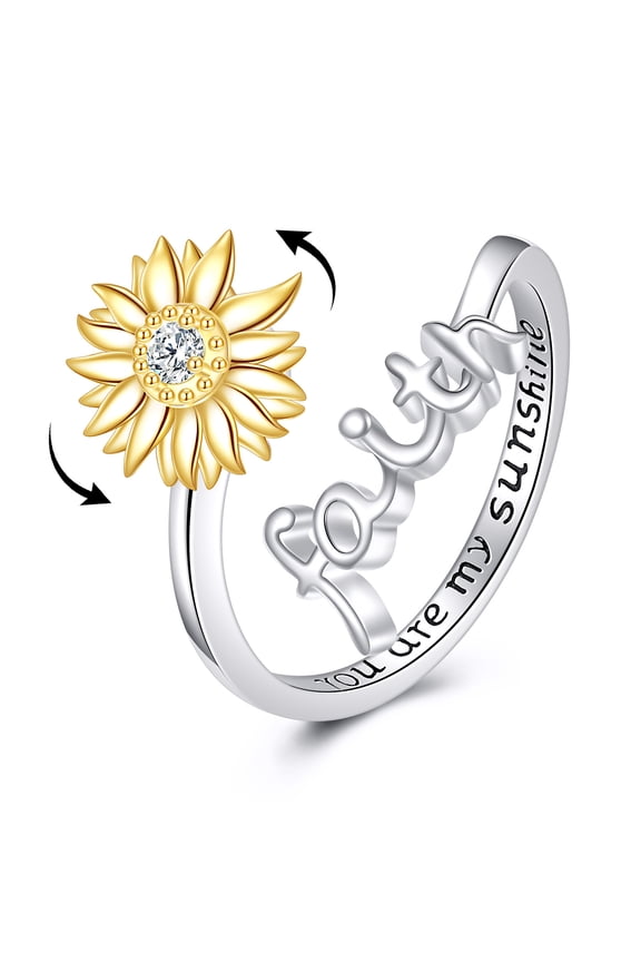 Sunflower Fidget Ring for Anxiety Sterling Silver Faith Spinning Open Adjustable Ring Sunflower Jewelry Gifts for Women