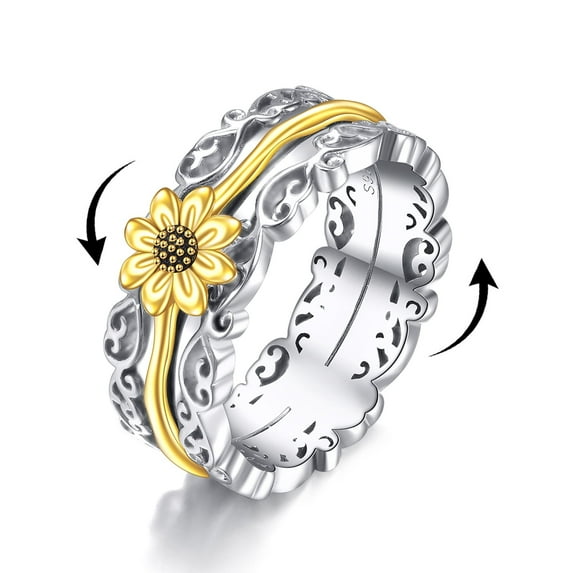 Sunflower Fidget Rings for Anxiety 925 Sterling Silver Spinner Rings for Women You are My sunshine Sunflower Jewelry Gifts Band Wide 9.5#