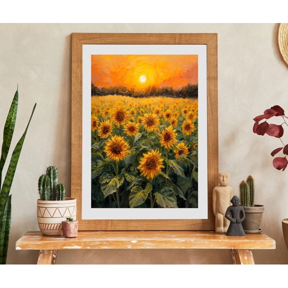 Sunflower Field At Sunset, Golden Sunflower Landscape, Rustic Farmhouse Wall Art, Impasto Print Home Decor #30, Unframed Poster Size 12x18