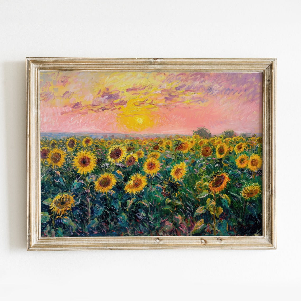 Sunflower Field At Sunset Wall Art Print, Vintage Rustic Spring ...