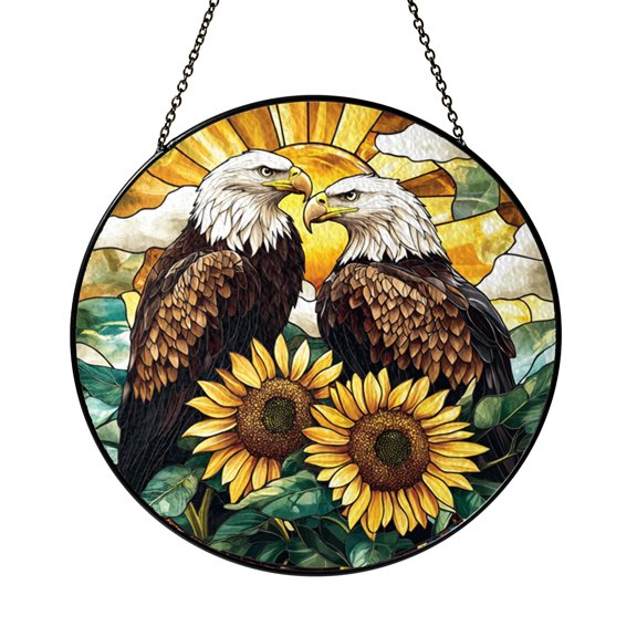 Sunflower Field Bald Eagles Stained Glass Suncatcher, Round Window Decor Gift
