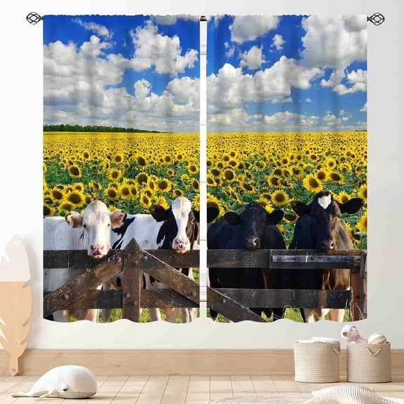 Sunflower Field Blue Sky White Clouds Farm Cows Pastoral Curtains for Farmhouse Bedroom Living Room Window Drapes Home Decoration
