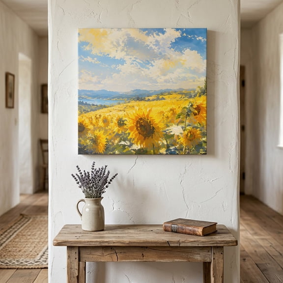 Sunflower Field Canvas Wall Art for Living Room Bedroom Bathroom, Rustic Nature Yellow Floral Sky Cloud Landscape Canvas Art Wall Decor, Artwork for Walls Home Office Decor, 8"x8"