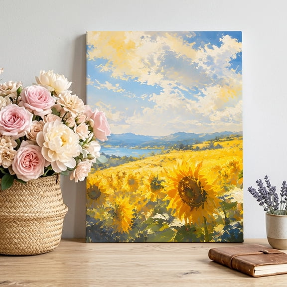Sunflower Field Canvas Wall Art, Rustic Nature Yellow Floral Sky Cloud Landscape Framed Canvas Wall Decor Picture Print Artwork Decorations for Living Room Office Ready to Hang 10" x 8"