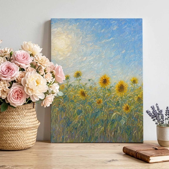 Sunflower Field Canvas Wall Art, Summer Floral Grass Meadow Sky Blue Oil Painting Style Pictures Wall Decor Wooden Framed Artwork Art Prints for Living Room Hallway Bedroom Office 24"x32"