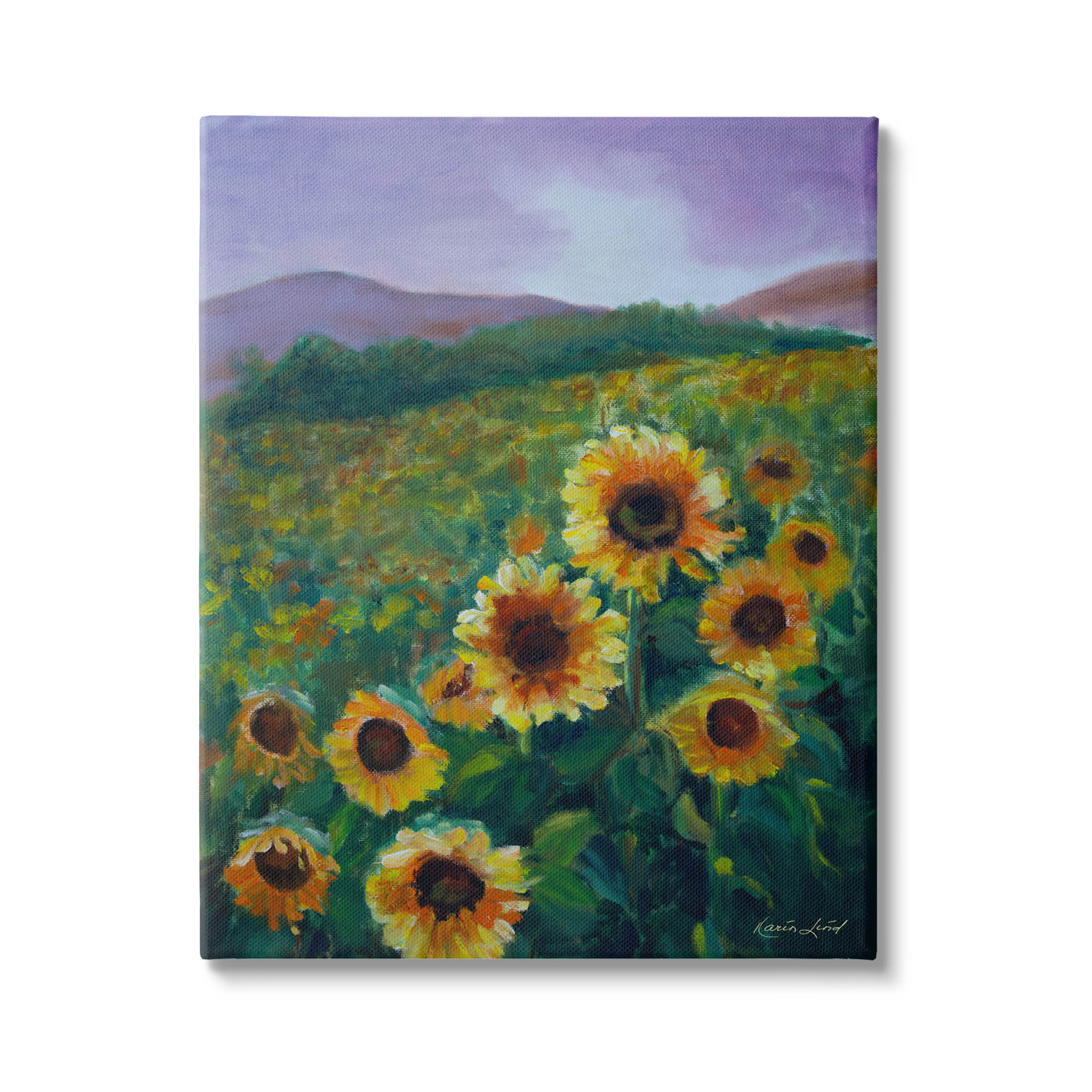 Sunflower Field Distant Mountains Landscape Painting Gallery Wrapped Canvas Print Wall Art