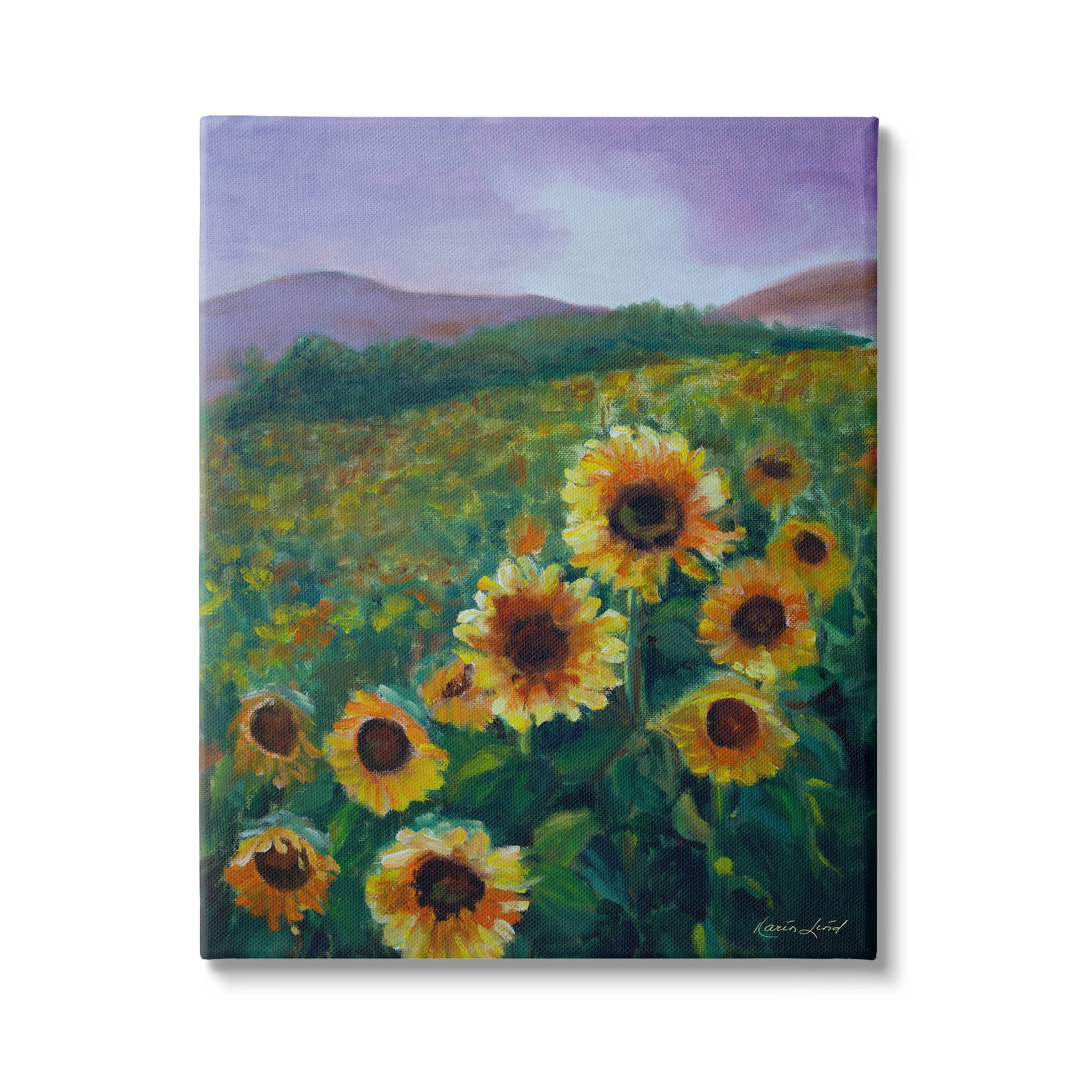 Sunflower Field Distant Mountains Landscape Painting Gallery Wrapped Canvas Print Wall Art