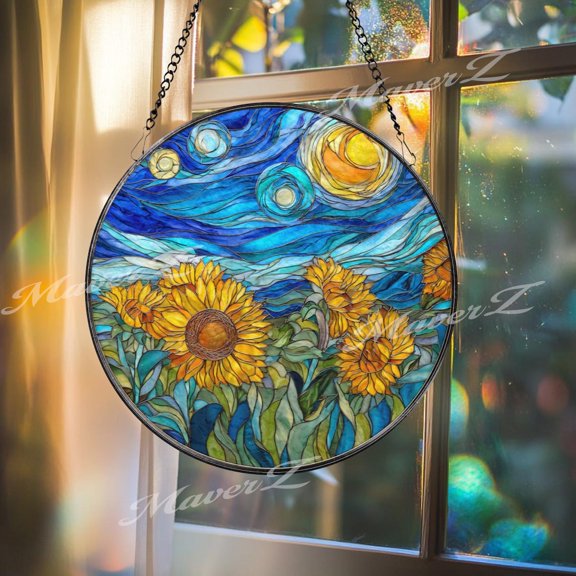 Sunflower Field Glass Suncatcher, Round Van Gogh Inspired Window Hanging, 3.5 in