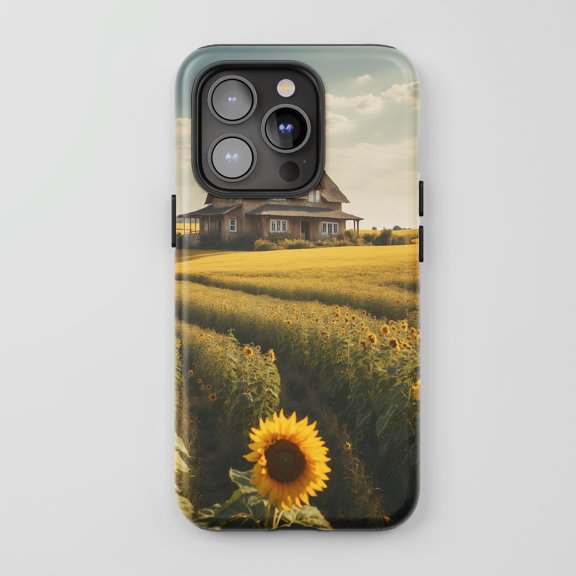 Sunflower Field House For All iPhone Series Tough Phone Case Farmhouse Art Yellow