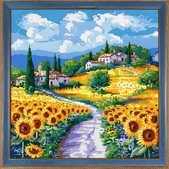 Sunflower Field with House Path DIY 11CT Stamped Cross Stitch Kits for Beginners Easy Needlepoint Embroidery Counted Cross Stitch Art Craft for Wall Decoration 14x14inch(4)