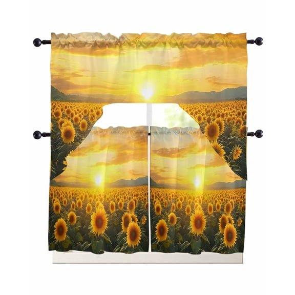Sunflower Field Kitchen Curtains Sets 36 Inch Length with Valance, Summer Vintage Sunset Botanical Floral Swag Valances and Tiers Curtain Set Drapes Swag Curtains for Living Room, Bathroom, Bedroom