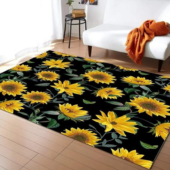 Sunflower Field Pattern Runner Rug, Soft, Durable, Vintage Inspired, Distressed, Low Pile, Non-Shedding, Easy Clean, Printed, Living Room Rug