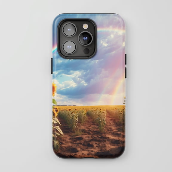 Sunflower Field Rainbow Clouds Tough Phone Case For All iPhone Series Protective Phone Case Nature Theme Blue Pink Yellow