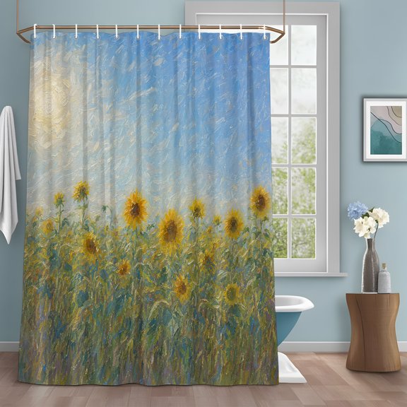 Sunflower Field Shower Curtain with Hooks, Summer Floral Grass Meadow Sky Blue Oil Painting Style Sturdy Water Repellent Shower Curtains for Bathroom Bathtub, Machine Washable Curtains 36x72 Inch