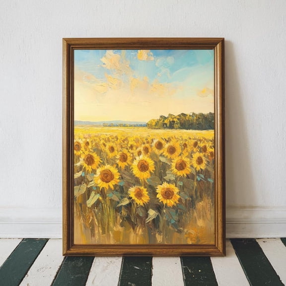 Sunflower Field Wall Art Impressionist Landscape Golden Floral Nature Decor, Unframed Paper Poster 8x10in