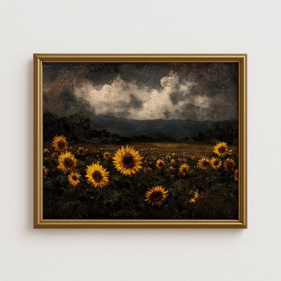 Sunflower Field Wall Art, Rustic Golden Sunflowers With Dark Sky Landscape, Country Farmhouse Home Decor #1136, Unframed Poster Size 8x12