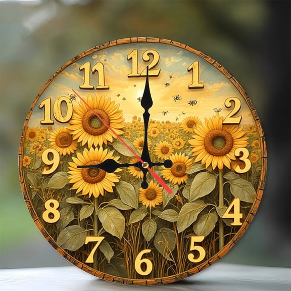 Sunflower Field Wall Clock Farmhouse Decor 10-Inch Silent Wooden Wall Clock, Battery Operated (AA Batteries Not Included), Artistic Home Decor