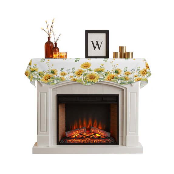 Sunflower Fireplace Mantel Scarf Cover 90"Wx17"L,Fireplace Mantel Shelf Top Runner,Summer Eucalyptus Botanical Spring Floral Mantle Dresser Scarves Table Runner for Holiday Party Living Room Decor