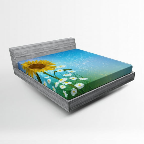 Sunflower Fitted Sheet, Grunge Floral Illustration with Sunflower and Chamomiles Pastel Summer Art, Soft Decorative Fabric Bedding, Queen Size, Blue Yellow Green, by Ambesonne