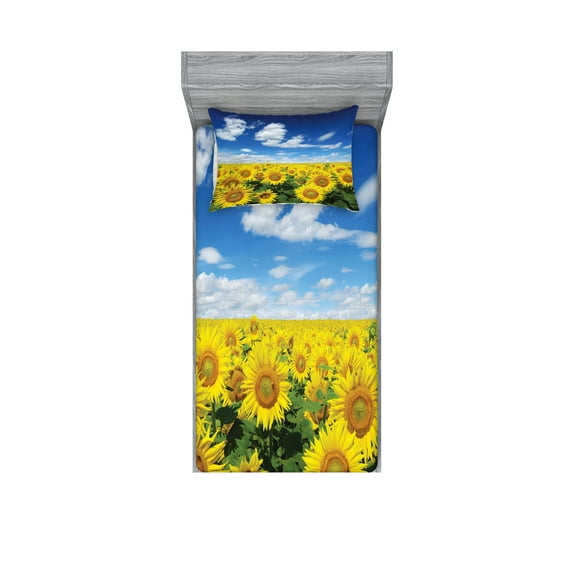 Sunflower Fitted Sheet & Pillow Sham Set, Fresh Sunflowers Field Under Clear Sky Clouds Countryside Farm Picture, Decorative Printed 4 Piece Bedding Decor Set, Twinxl, Blue Green Yellow, by Ambesonne