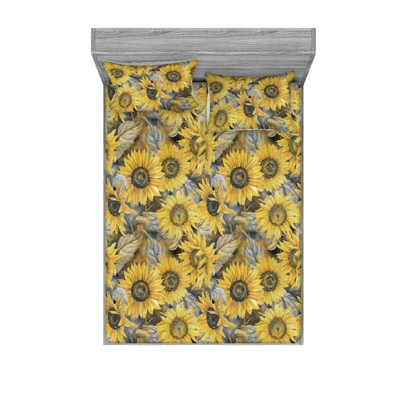 Sunflower Fitted Sheet & Pillow Sham Set, Vintage Design Summer Flowers Botanical Concept Floral Rustic Pattern, Decorative Printed 3 Piece Bedding Decor, Calking, Earth Yellow and Grey, by Ambesonne