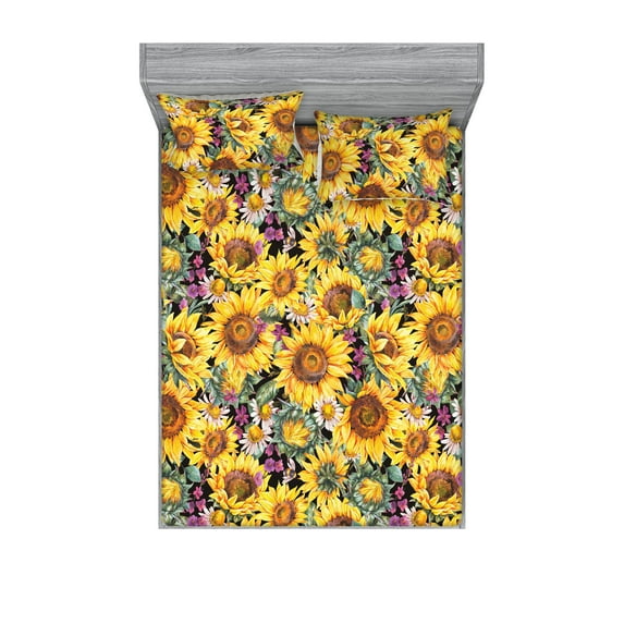 Sunflower Fitted Sheet & Pillow Sham Set, Vintage Look Floral Ornament of Summer Colorful Flowers Print, Decorative Printed 3 Piece Bedding Decor, Full, Mustard Purple and Sea Green, by Ambesonne