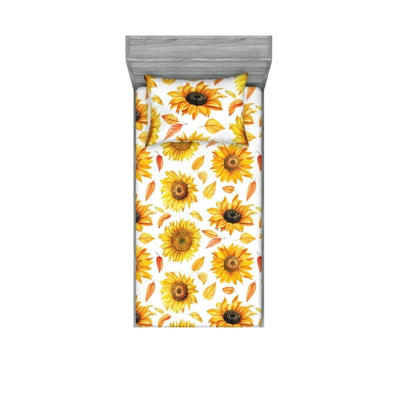 Sunflower Fitted Sheet & Pillow Sham Set, Watercolor Style Vintage Design Fall Season Leaves and Flowers, Decorative Printed 2 Piece Bedding Decor, Twinxl, Marigold Mustard and White, by Ambesonne