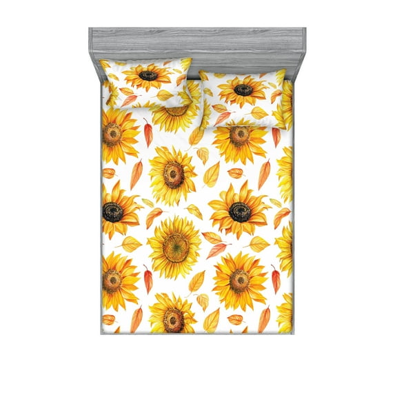 Sunflower Fitted Sheet & Pillow Sham Set, Watercolor Style Vintage Design Fall Season Leaves and Flowers, Decorative Printed 3 Piece Bedding Decor, Calking, Marigold Mustard and White, by Ambesonne