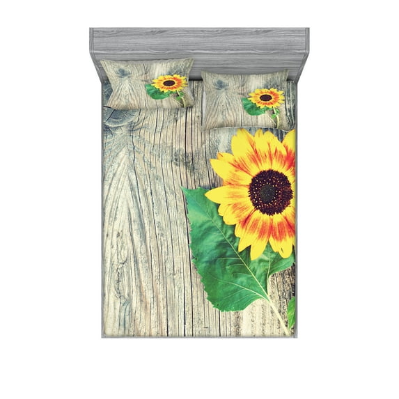 Sunflower Fitted Sheet & Pillow Sham Set, Sunflower on Wooden Old Board Bouquet Floral Mother Earth Photo, Decorative Printed 6 Piece Bedding Decor Set, Full, Brown Green Yellow, by Ambesonne