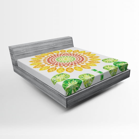 Sunflower Fitted Sheet, Round Sunflower Mandala Design with Diamond and Pearl Print, Soft Decorative Fabric Bedding, Queen Size, Yellow White and Green, by Ambesonne