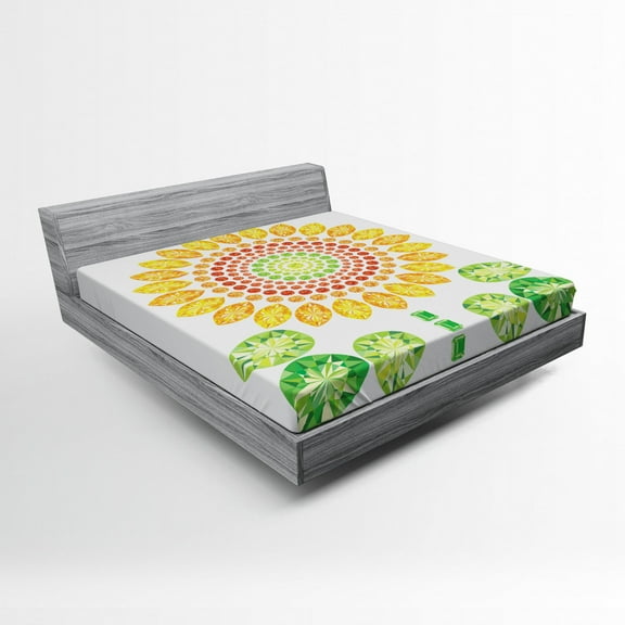 Sunflower Fitted Sheet, Round Sunflower Mandala Design with Diamond and Pearl Print, Soft Decorative Fabric Bedding, Queen Size, Yellow White and Green, by Ambesonne