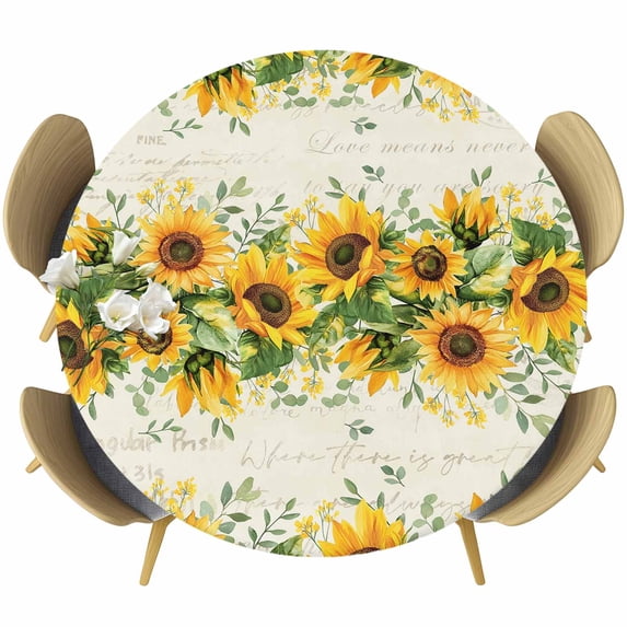 Sunflower Fitted Tablecloth with Elastic Edged, Round Table Cloth for Dining Table, Country Botanical Yellow Green Floral Leaf Waterproof Oil Proof Table Cover for Indoor Outdoor 45"-54"