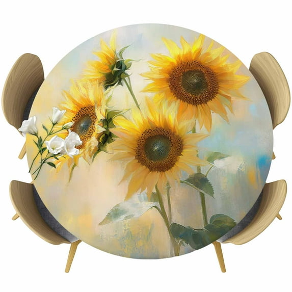 Sunflower Fitted Tablecloth with Elastic Edged, Round Table Cloth for Dining Table, Watercolor Yellow Floral Botanical Waterproof Oil Proof Table Cover for Indoor Outdoor 36"-44"