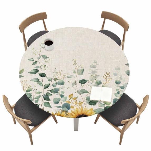 Sunflower Fitted Tablecloth with Elastic Edged, Round Table Cloth for Dining Table, Yellow Floral Pastoral Botanical Leaves Rustic Waterproof Oil Proof Table Cover for Indoor Outdoor 36"-44"