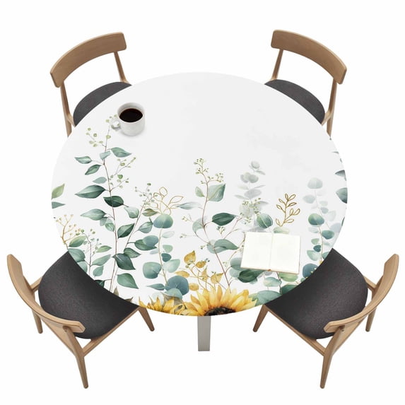 Sunflower Fitted Tablecloth with Elastic Edged, Round Table Cloth for Dining Table, Yellow Floral Pastoral Botanical Leaves Waterproof Oil Proof Table Cover for Indoor Outdoor 36"-44"