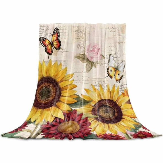 Sunflower Flannel Blanket for Bed, Farmhouse Roses Floral Vintage Butterfly Soft Cozy Warm Couch Throw Blanket, Lightweight Fluffy Plush Bedding Blankets for Sofa Decor All Season 60"x80"
