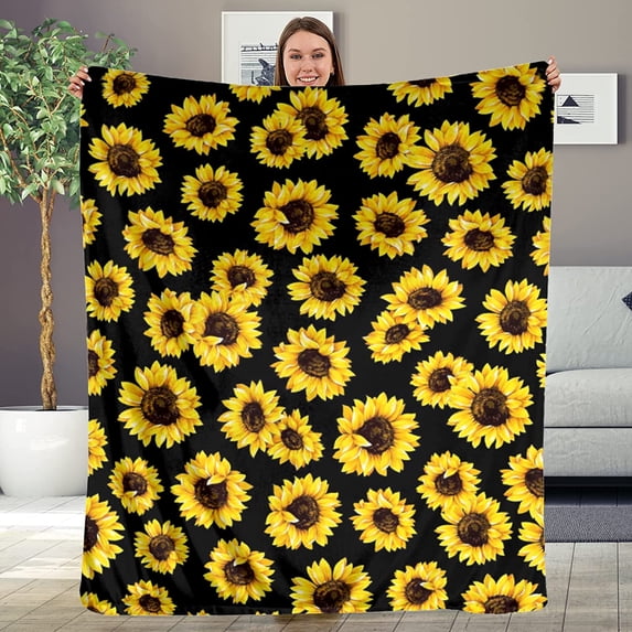 Sunflower Flannel Throw Blanket Black Sunflowers Soft Cozy Warm Throws Sofa Couch Bedroom Car Fleece Bed Blankets (40x50 Inch, Sunflower)