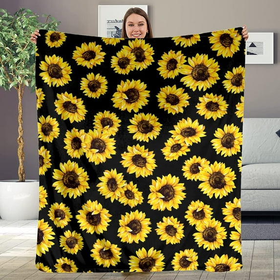 Sunflower Flannel Throw Blanket Black Sunflowers Soft Cozy Warm Throws Sofa Couch Bedroom Car Fleece Bed Blankets (50x60 Inch, Sunflower)