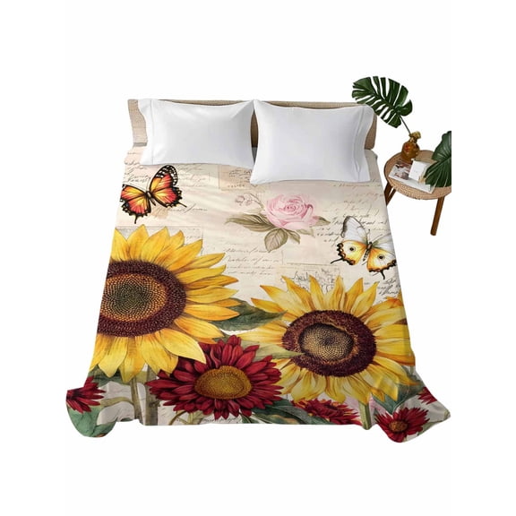 Sunflower Flat Sheet Only Twin Size, Soft Breathable Bed Top Sheets for Mattress, Farmhouse Rose Floral Vintage Butterfly Luxury Bedding Flat Sheets for Home Hotel Bedroom Bed Protection