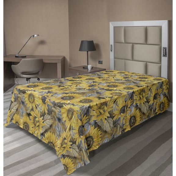 Ambesonne Sunflower Flat Bedding Sheet Soft Top Sheet, Vintage Botanical Floral, Twin, Earth Yellow and Grey