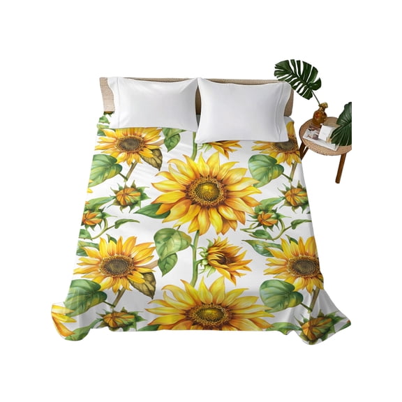 Sunflower Flat Sheets Only Full Size, Soft Breathable Bed Top Sheets for Mattress, Yellow Green Botanical Summer Rustic Luxury Bedding Flat Sheets for Home Hotel Bedroom Bed Protection