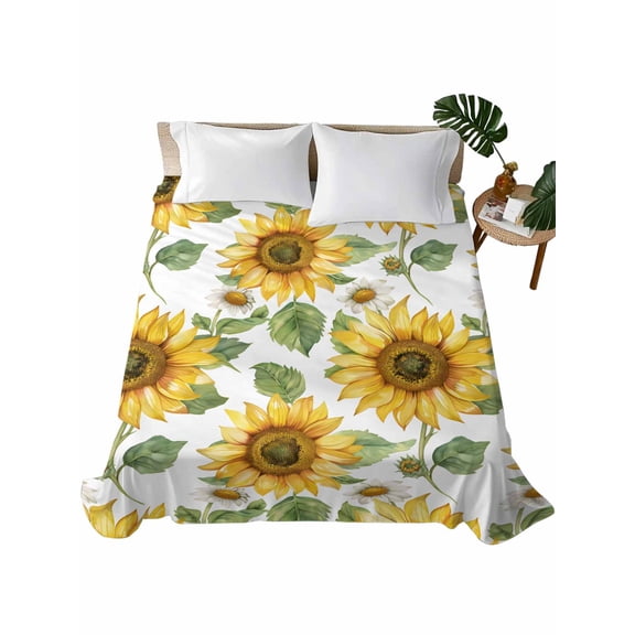 Sunflower Flat Sheets Only Queen Size, Soft Breathable Bed Top Sheets for Mattress, Farmhouse Watercolor Botanical Summer Luxury Bedding Flat Sheets for Home Hotel Bedroom Bed Protection