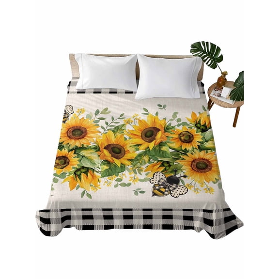 Sunflower Flat Sheets Only Queen Size, Soft Breathable Bed Top Sheets for Mattress, Summer Botanical Bee Rustic Black Plaid Luxury Bedding Flat Sheets for Home Hotel Bedroom Bed Protection